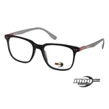 Anteojos de receta MDQ modelo Z06, con marco de frente negro mate y patillas con diseño de fibra de carbono y detalles en rojo.