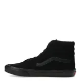 Championes de caña alta Vans modelo Sk8-Hi, color negro, confeccionados en una combinación de gamuza y lona. Presentan el diseño icónico de la marca con la banda lateral característica, suela de goma tipo waffle y etiqueta con logo en la lengüeta.