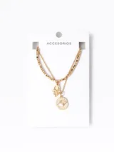 Collar doble dorado con cadena de eslabones y cadena de bolitas. Dije de mano de Fátima y dije de moneda con ojo.