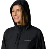 Campera cortaviento Columbia modelo Flash Forward II, color negro, con capucha ajustable, cierre frontal y bolsillos laterales con cremallera. Cuenta con tecnología Omni-Shield y protección solar Omni-Shade.