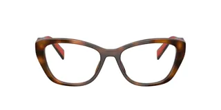 Lentes de receta Prada modelo 19W color habana, con armazón de acetato de diseño estilo cat-eye y detalles interiores en rojo.