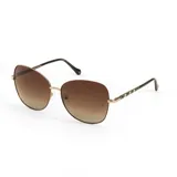 Lentes de sol con armazón metálico dorado y cristales degradados en tono marrón. Las patillas presentan un diseño estampado con detalles en color bordó y negro.