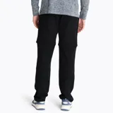 Pantalón negro de poliéster y spandex con tratamiento repelente al agua, cintura ajustable con cinturón incluido, cremallera frontal, bolsillos delanteros y traseros, bolsillo en el muslo con cremallera inversa y apertura inferior ajustable.