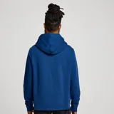 Canguro azul con capucha y cordones ajustables, bolsillo tipo canguro y logo de Saucony estampado en blanco en el pecho.