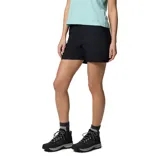 Short de trekking Columbia para mujer, color negro, con tecnología de repelencia Omni-Shield y protección solar UPF 50. Cuenta con múltiples bolsillos funcionales, incluyendo uno de seguridad con cremallera, y trabillas para cinturón.