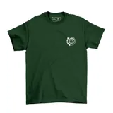 Remera de algodón color verde oscuro con estampa pequeña en el pecho y estampa grande en la espalda con el logo de la banda Blink 182.