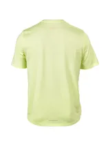 Remera técnica de manga corta Merrell, diseñada para trail running, en color amarillo neón con logo estampado vertical en el frente.