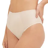 Bombacha modeladora de tiro alto color arena, con control medio y refuerzo frontal para compresión extra en el abdomen.