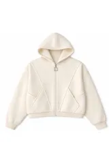 Campera con capucha y cierre frontal, de corte cropped y diseño minimalista con bolsillos laterales integrados.