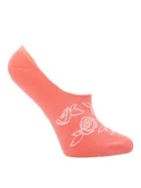 Medias invisibles de corte bajo, color coral con estampado de rosas blancas. Confeccionadas en tejido suave y elástico.