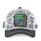 Gorro CapsLab con visera curva, de malla blanca y frente estampado con imágenes de Hulk y onomatopeyas de comics.