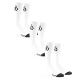 Pack de tres pares de medias blancas con puño acanalado, talón y puntera reforzados en negro, logo de Volcom en el lateral y texto "Volcom" en el tobillo.