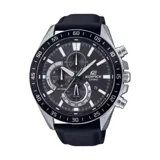 Reloj Casio Edifice cronógrafo con caja de acero inoxidable plateado y correa de cuero negro. Esfera negra con tres subesferas para funciones de cronómetro y visualizador de fecha.