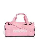 Bolso deportivo Adidas tipo duffel, color rosado con detalles en negro. Cuenta con compartimento principal con cierre, correas de mano y correa de hombro ajustable con hombrera acolchada. Incluye logo de la marca estampado en el frente.