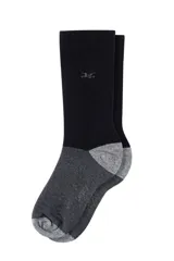 Medias de hombre en color azul marino con puntera y talón en gris claro, y el resto del pie en gris oscuro. Tienen un logo bordado en la parte superior de la caña.