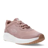 Championes Umbro de estilo urbano, color rosado, con capellada de tejido textil y refuerzos sintéticos. Presentan cierre de cordones, entresuela blanca amortiguada y suela de goma en tono caramelo.