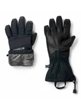 Guantes Columbia modelo Whirlibird III Omni-Tech, color negro, diseñados para deportes de nieve. Cuentan con palma de piel de cabra, ajuste en la muñeca, puños largos con cordón ajustable y tecnologías de impermeabilidad y retención de calor.