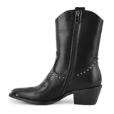 Bota texana negra de caña media, con puntera metálica y detalles de tachas y bordados.