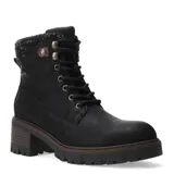 Botas acordonadas de mujer Miss Carol modelo Laurion, color negro, con taco cuadrado texturizado simil madera, suela dentada y detalle de tejido de lana en la parte superior de la caña.