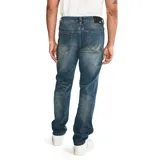 Jeans de mezclilla de corte slim para hombre, con diseño de cinco bolsillos y efecto ligeramente desgastado.