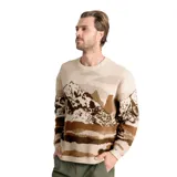 Buzo tejido de punto con diseño de paisaje montañoso en tonos tierra, cuello redondo y puños acanalados.