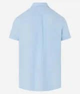 Camisa de manga corta confeccionada en mezcla de lino y algodón, con cuello inglés, cierre frontal de botones y bolsillo en el pecho. Presenta un corte comfort holgado y diseño liso.