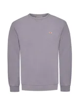 Buzo de algodón orgánico color gris jaspeado, con cuello redondo y terminaciones en rib en cuello, puños y pretina. Presenta un pequeño parche bordado de un pato en el pecho.