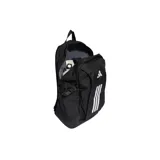 Mochila Adidas APWR de color negro, con diseño deportivo y las clásicas tres tiras blancas verticales junto al logo de la marca en el frente. Cuenta con compartimentos laterales y asas ajustables.