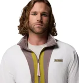 Campera de forro polar Columbia Backbowl II Light FZ, con diseño colorblock en tonos blanco, marrón y detalles en verde oliva. Cuenta con cuello alto, cierre frontal completo y bolsillos laterales con cierre.