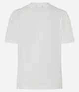 Remera blanca de algodón con cuello redondo y mangas cortas abullonadas. Presenta un estampado con dibujos de objetos femeninos en tonos rosados.