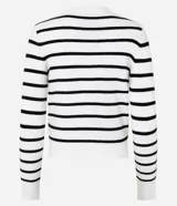 Cardigan corto de punto con diseño a rayas horizontales en blanco y negro. Presenta cuello en V, cierre frontal con botones y mangas largas.