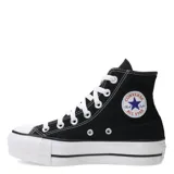 Championes de caña alta Converse modelo Chuck Taylor All Star Lift, con plataforma, confeccionados en lona de algodón negra con cordones blancos y puntera de goma.