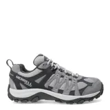 Championes de trekking Merrell modelo Accentor 3 Waterproof, color gris con detalles en negro. Confeccionados en una combinación de malla transpirable y gamuza, cuentan con puntera de goma reforzada, cierre de cordones y suela de goma con relieve para mayor tracción.