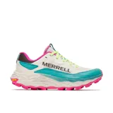 Championes de trail running Merrell modelo Agility Peak 6 para mujer, color blanco con detalles en celeste, fucsia y verde lima, con suela Vibram.
