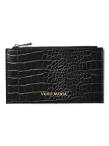 Billetera rectangular Vero Moda con cierre superior, confeccionada en material con textura efecto piel de cocodrilo y logo de la marca estampado en dorado en la parte frontal.