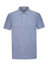 Chomba de hombre RKF modelo Trento, color azul melange, de manga corta, cuello polo con botones y bolsillo aplicado en el pecho.