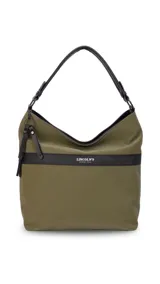 Cartera tipo hobo de tamaño grande en color beige, con detalles en negro. Presenta una franja horizontal negra con el logo de la marca, asa corta de hombro y correa larga desmontable. Incluye bolsillo frontal con cierre oculto y bolsillo trasero.