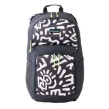 Mochila Rip Curl Chaser de 33 litros, color negro con estampado abstracto en blanco y detalles en verde flúor.