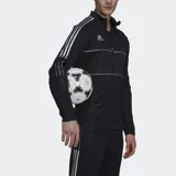 Campera Adidas de hombre, color negro con detalles reflectantes y tres rayas plateadas en los hombros. Cuenta con bolsillos con cierre, cuello alto y tecnología Aeroready.