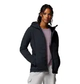 Campera técnica acolchada de color negro con capucha integrada. Presenta cierre frontal completo, bolsillos laterales con cremallera y puños con orificio para el pulgar. El diseño incluye costuras horizontales y diagonales que crean un patrón geométrico, con el logo de la marca bordado en el pecho.