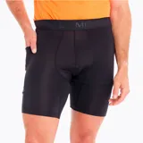 Short de compresión negro para hombre, de poliéster y spandex, con paneles de malla, cintura elástica, bolsillo lateral y calce regular.