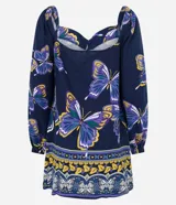 Vestido corto de viscosa y lino con estampado de mariposas, escote en pico y mangas largas abullonadas.