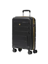 Valija de cabina rígida Caterpillar Venture Trolley de 20 pulgadas, color negro con detalles en amarillo, cuatro ruedas dobles multidireccionales y tirador telescópico.