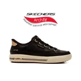 Championes Skechers Slip-ins Arch Fit Arcade, color negro con detalles dorados y entresuela blanca. Cuenta con tecnología Arch Fit y diseño sin cordones tradicionales.