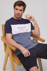 Remera Legacy Outwear de corte clásico, diseño de bloques de color en tonos azul marino, blanco y celeste, con cuello redondo y estampa tipográfica frontal.