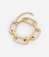 Pulsera dorada con eslabones rectangulares orgánicos y cierre de mosquetón con cadena de alargue.