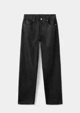 Jeans rectos de tiro medio en tejido de algodón estilo denim con acabado de brillos. Cuenta con cierre de botón y cremallera, trabillas y diseño de cinco bolsillos.