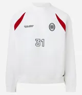 Saco deportivo boxy de algodón felpa color blanco, con cuello redondo, manga raglán larga y recortes rojos en los hombros. Presenta bordados frontales con texto "OFFICIAL NATIONAL MAJOR HARMONY", un logo circular y el número "31". Las mangas tienen un patrón de cuadros rojos y blancos.