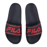 Chancletas tipo slide de Fila, color azul marino con logo Fila en rojo en la tira superior.