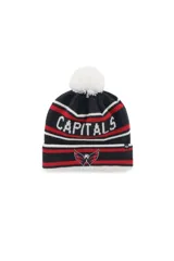 Gorro tejido con puño y pompón superior, diseño a rayas horizontales en colores negro, rojo y blanco. Presenta el nombre del equipo bordado en la parte superior y el logo del equipo en la parte frontal.